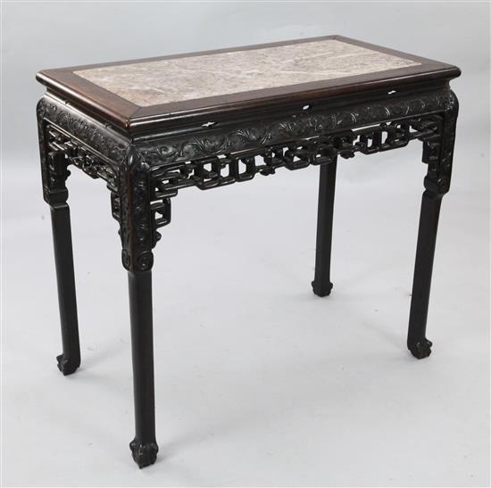 A Chinese rosewood (hongmu) and marble topped table, 19th century, length 92cm, depth 49.5cm, height 83cm